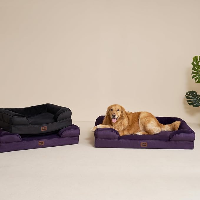 EHEYCIGA Orthopedic Dog Beds for Large Dogs, Waterproof Memory Foam Large Dog Bed with Sides, Non-Slip Bottom and Egg-Crate Foam Pet Couch Bed with Washable Removable Cover, Purple