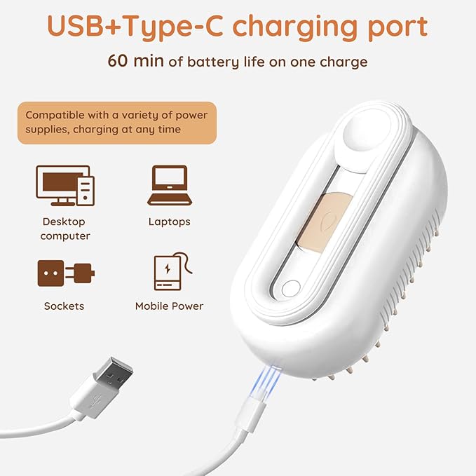 GKZ Cat Steam Brush, 3 in 1 Pet Comb for Massage, Cleaning, Shedding and Combing, Electric Mist to Prevent Flyaways for Home, Dogs and Cat Lovers - White