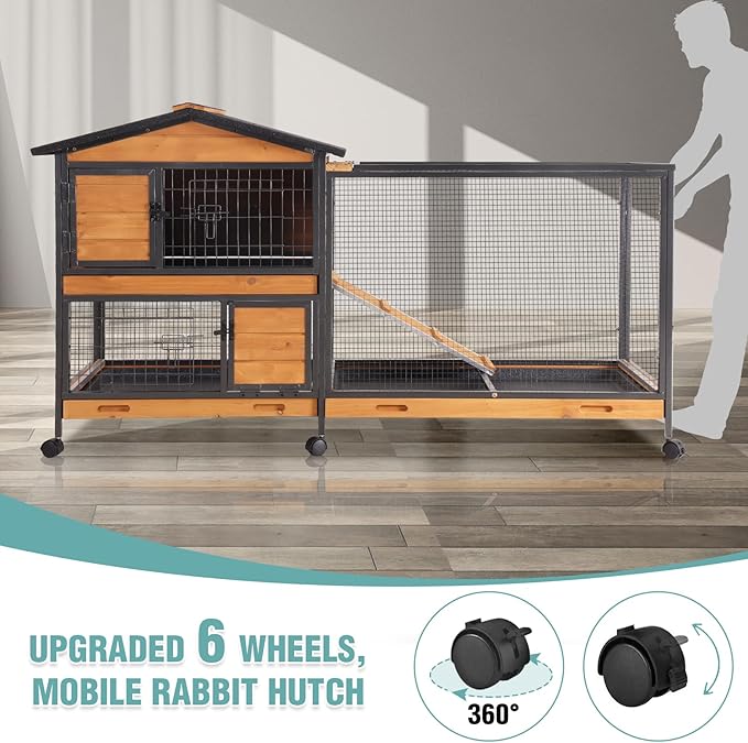 2-Story Rabbit Cage with Chew-Proof Metal Frame for Indoor/Outdoor - 62" Bunny Hutch Guinea Pig Cages with 6 Locking Wheels & 2 Removable Trays for Rabbits/Guinea Pigs