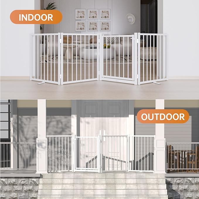 Full Metal Freestanding Dog Gate with Door, 24'' Height Foldable Pet Dog Fence for Indoor & Outdoor, 6 Panels Extra Wide Free Standing SmallDog Gates for Doorways,House,Stairs,Porch,Deck,Yard