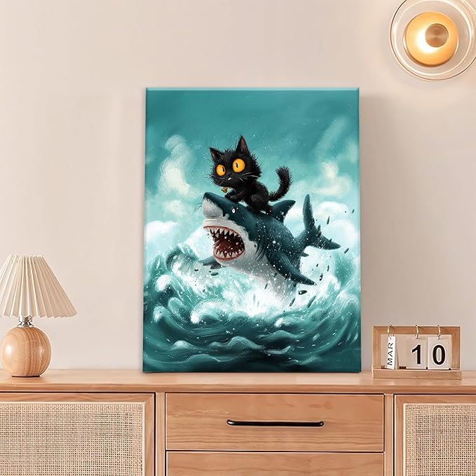 Funny Black Cat Bathroom Wall Art Cute Cat Riding Shark Canvas Wall Decor Animal Kitten Pictures Painting Print Artwork Framed Decorations Gifts for Cat Lover Kids Room Bedroom 24"x20"