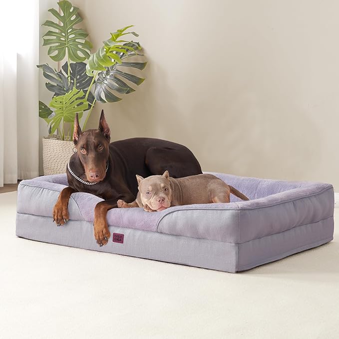 EHEYCIGA Memory Foam XL Dog Bed for XLarge Sized, Extra Large Orthopedic Dog Sofa with Sides and Waterproof Liner, Washable Bolster Pet Couch with Removable Cover, 42x30x7.5 Inch, Purple