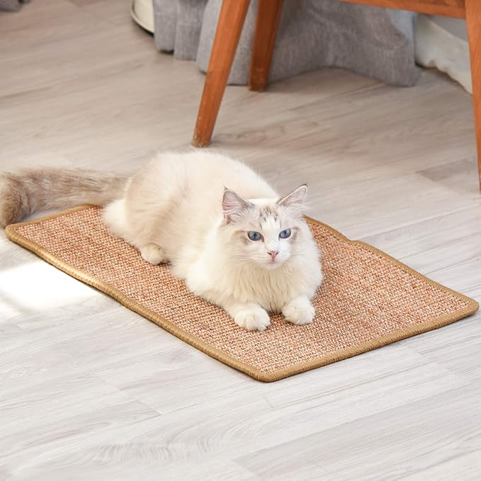 FUKUMARU Cat Scratcher Mat, 23.6 X 15.7 Inch Natural Sisal Cat Scratch Mats, Horizontal Cat Floor Scratching Pad Rug with Sticky Tapes, Protect Couch and Carpets