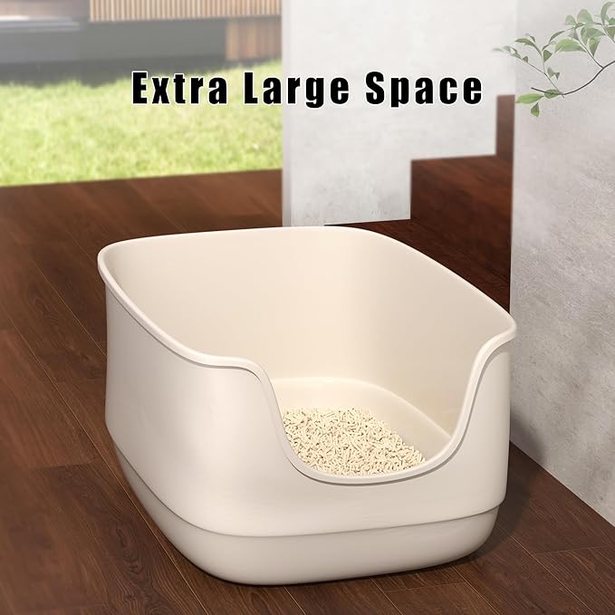 Gefryco Large Cat Litter Box with High Sided 24.6"x18.3"x12.2" - Jumbo Extra Large Open Anti - Splashing High Wall for Multiple Cats (White)