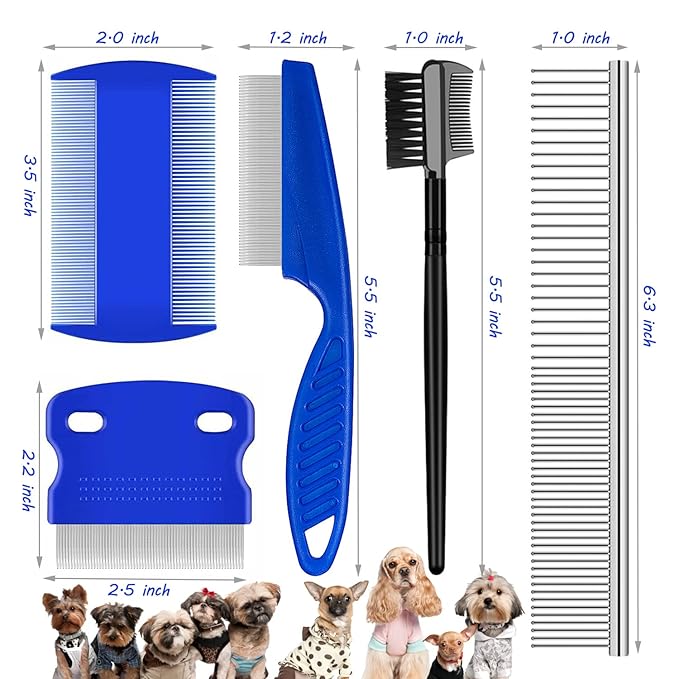 Flea Comb Lice Comb Cat & Dog Pet Grooming Combs Tear Stain Remover Remove Mucus Crust 2-in-1 Metal Round Smooth Teeth Comb Remove Floating Hair Tangles Dander (blue)