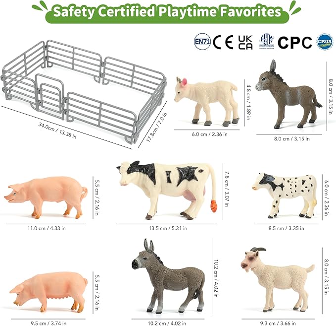 Farm Animal Toys, Realistic Farm Animal Figurines and Fence Playset, Includes Cow Pig Donkey Goat, Birthday Christmas Animal Gift Set for Kids Toddlers (Farm World)