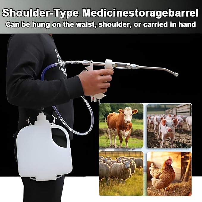 10ML Veterinary Metal Feeding Gun, Continuous Drench Gun Dosing Device Veterinary Adjustable Medicine Dispenser Husbandry Autonomous Feeding Tool, for Pig Cow, Sheep, Horse (White Color, 10ML+Kettle)