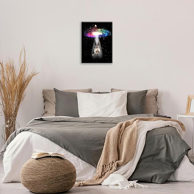 Funny Dog Wall Art Canvas Boston Terrier Wall Decor Prints Framed Painting Bulldog Galaxy Pictures Gifts Artwork for Bathroom 16"x20"