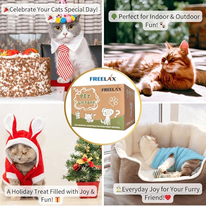 Eco-Friendly Cat Gift Box ā 7-Piece Set with Organic Catnip Toys, Feather Wand, Blanket & Pop-Up Cat Cave for Indoor Cats and Kittens