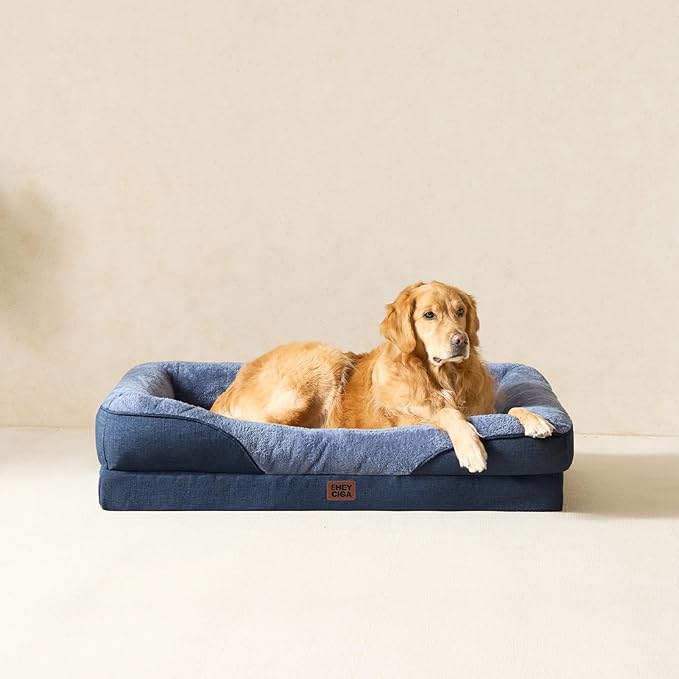 EHEYCIGA Memory Foam Dog Bed for Large Sized, Orthopedic Dog Sofa with Sides and Waterproof Liner, Washable Bolster Pet Couch with Removable Cover, 41x27x7.5 Inch, Navy