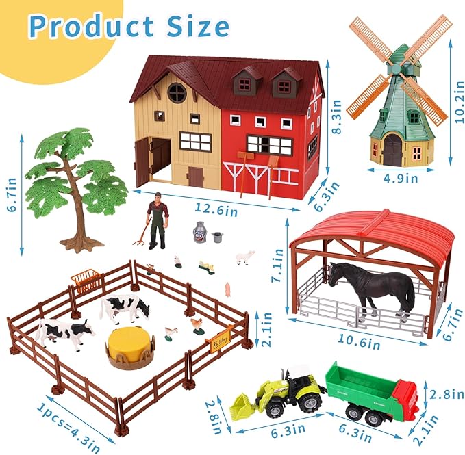 Farm Animals Figurines Toys -140 pcs Toy Set Barn Toy Horse Stable Tractor Trailer Windmill Farmer Fence Playset for Kids Toddlers Boy Girl 3-7 Years Old