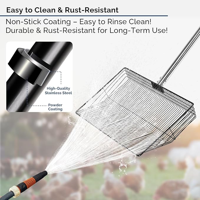 15" Extra-Wide Chicken Poop Scooper โ Ergonomic Adjustable Handle (24-70in), Stainless Steel Sifting Shovel Deep Litter Cleaning for Chicken Coops, Goat - Chicken Coop Scoop for Sand, Straw, Hemp
