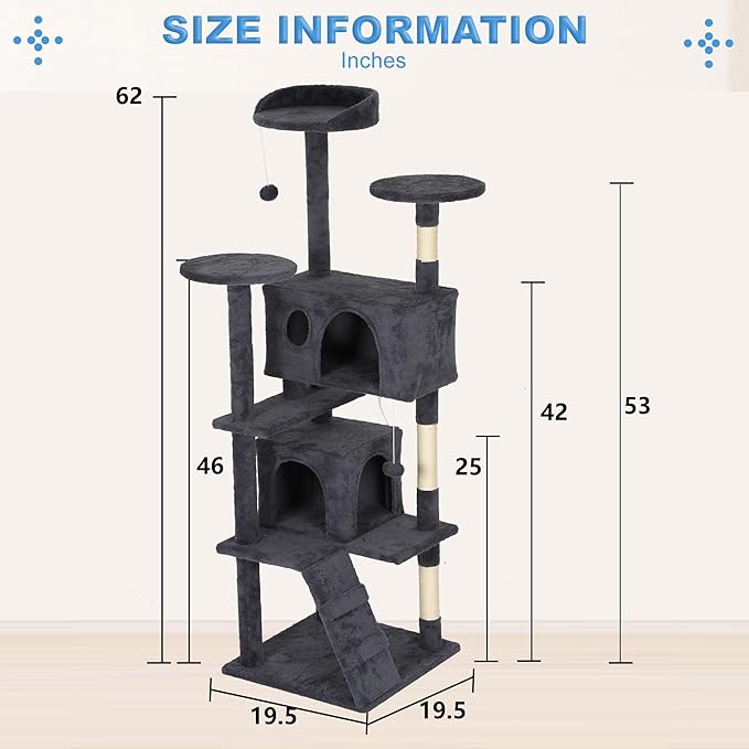 FDW Cat Tree Tower 62in Multi-Level Durable Cat Scratching Post & Cozy Fun Jumping Platform Space Saving Condo Pet Play House for Indoor Cats,Dark Gray