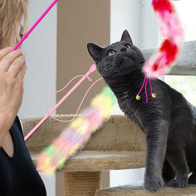 2 Pack Cat Wand Toy, Rainbow Cat Feather Toys with Bells, Teaser Wand with Soft Furry Tail, Interactive Toys for Indoor Cats & Kitten & Kitty
