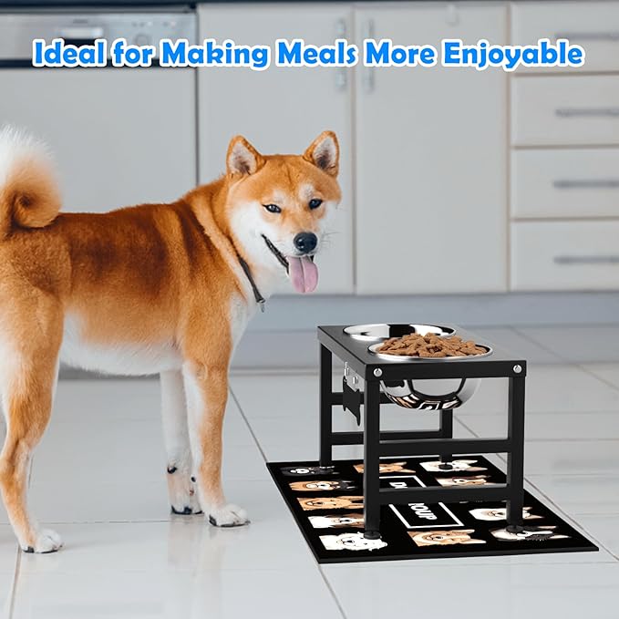 Elevated Dog Bowls, 10" Tall Height, Raised Bowl Stand with 2 Stainless Steel Food Feeder Bowls (58oz) and Spill-Proof Mat for Medium Large and Small Breeds