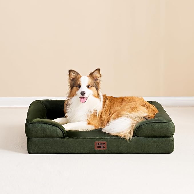 EHEYCIGA Orthopedic Dog Beds for Extra Large Dogs, Waterproof Memory Foam XXL Dog Bed with Sides, Non-Slip Bottom and Egg-Crate Foam Big Pet Couch Bed with Washable Removable Cover, Dark Green