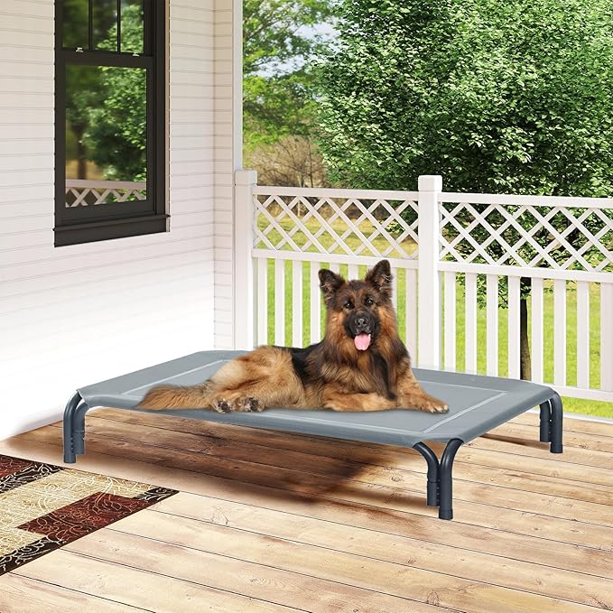 Elevated Dog Bed Raised Outdoor Dog Cot for Large Dogs, Installation Requires No Tools, Frame with Washable Cooling Breathable Mesh Anti-Slip Feet, Indoor Pet Bed, Grey, 43.3 Inches