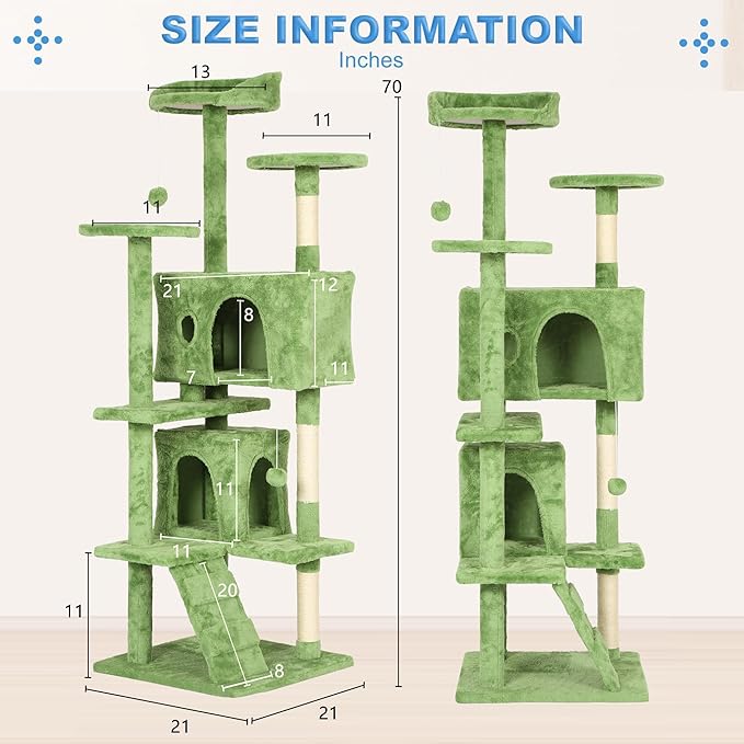 FDW Cat Tree 70in Cat Tower Multi-Level Durable Cat Scratching Post & Cozy Fun Cat Jumping Platform Space Saving Cat Condo Pet Play House for Indoor Cats,Green
