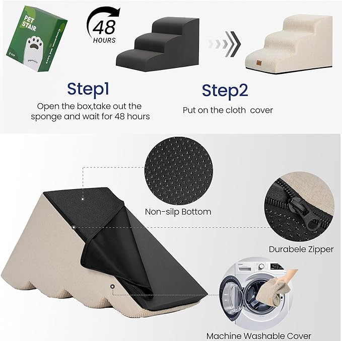 GoGoBunny Ramp Dog Stairs for High Beds 22.6" H, 5-Step Dog Slope Stairs with Durable Waterproof Fabric Cover, Pet Steps for Old Large Dogs Climbing, Non-Slip Sturdy Indoor Step, Beige