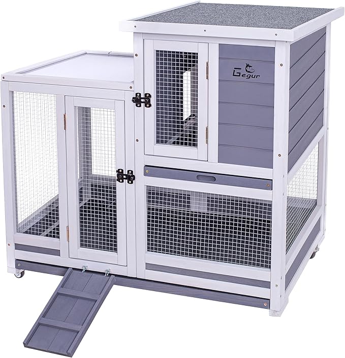 GEGURI Rabbit Hutch, Two-Story Indoor Bunny Cage, Outdoor Guinea Pig Cages for Small Animals with Wheels, Removable Tray