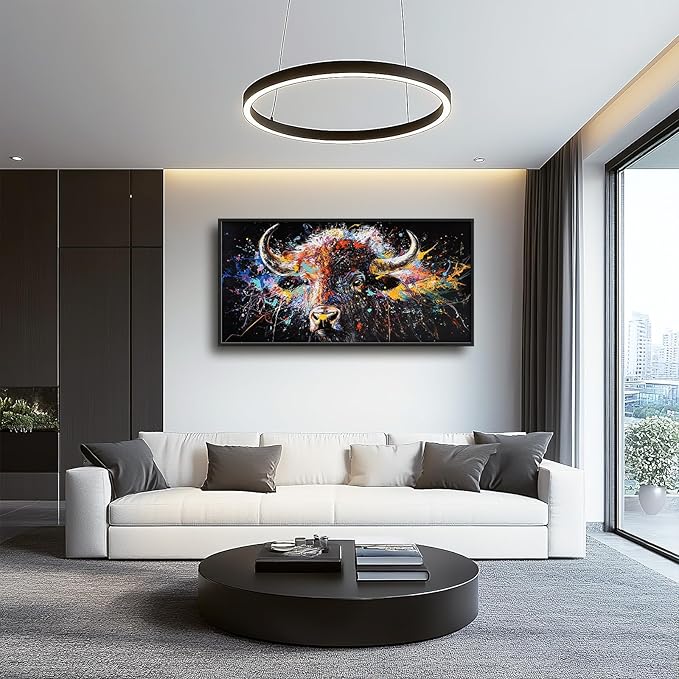Framed Large Bison Buffalo Wall Art for Living Room, Oversized Graffiti Yak Cow Wall Decor Banksy Bull Canvas Painting Animal Pictures Modern Artwork for Living Room Bedroom Office 60"x30"