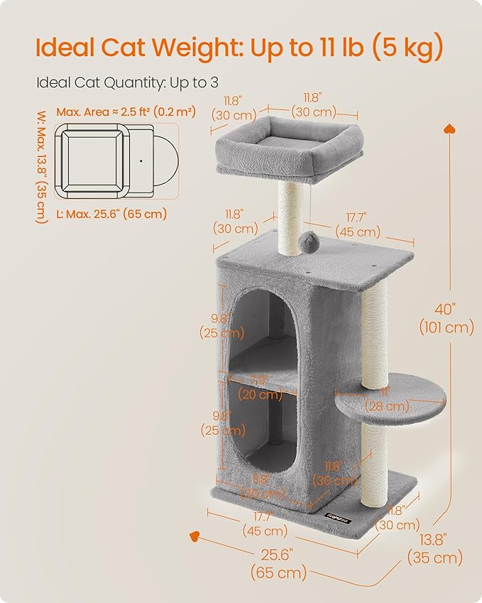 Feandrea Cat Tree Tower with 2 Caves for Multi-Cat Households, Kittens, Scratching Posts, Light Gray UPCT005G01