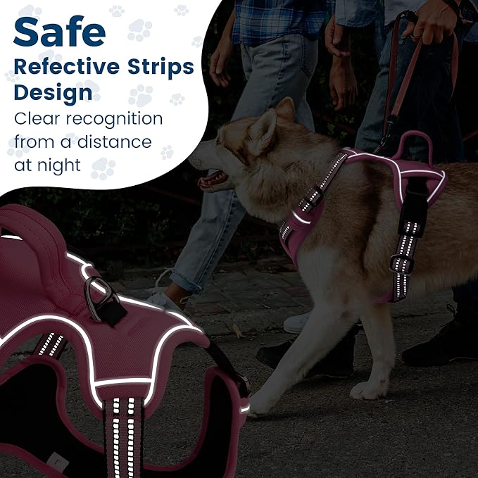 Funfox Dog Harness No Pull, Adjustable Pet Vest Harness, Super Soft Material with Vertical Handle Easy Control, Reflective Night Walking, 2 Leash Clips for XLarge Dogs, Pink, XL