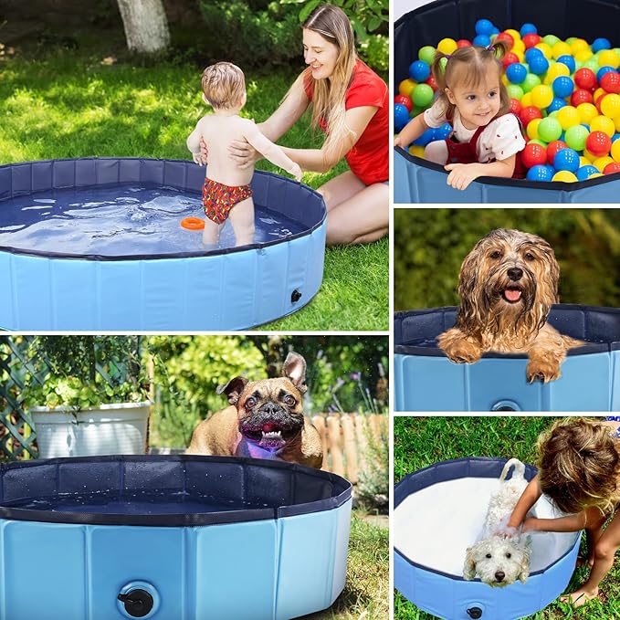 Foldable Dog Bath Swimming Pool Plastic Kiddie Pool Professional Tub Collapsible Grooming Bathtub for Pets Kids Baby and Toddler, 55 x 12 Inches Blue