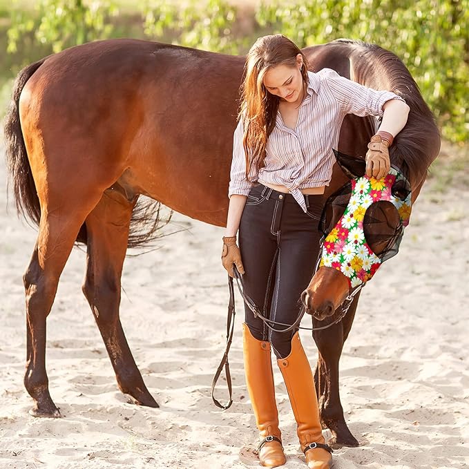 Frienda 4 Pieces Horse Fly Masks with Ears Face Covering UV Protection from Insect Pests Elasticity Smooth Comfortable Mesh Horse Mask Accessories(Flower,Large)