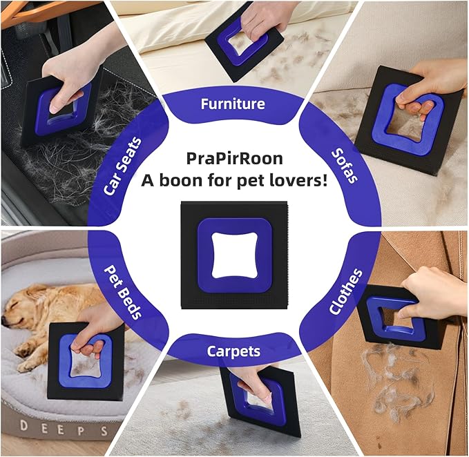 3 in 1 Mini Pet Hair Removal Tool, Dog and Cat Square Hair Remover for Car Detailing Supplies, Clothes, Couch and Carpet, Fur Cleaning Supplies for Furniture-Ergonomic and Anti-Slip, Mini Pet Supplies