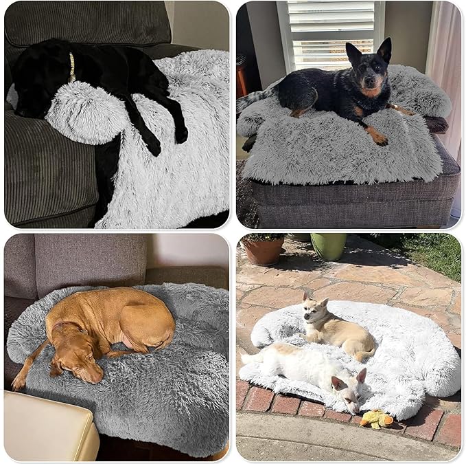 GGIB Calming Dog Bed Fluffy Plush Dog Mat for Furniture Protector with Removable Washable Cover for Large Medium Small Dogs and Cats (Small,Grey)