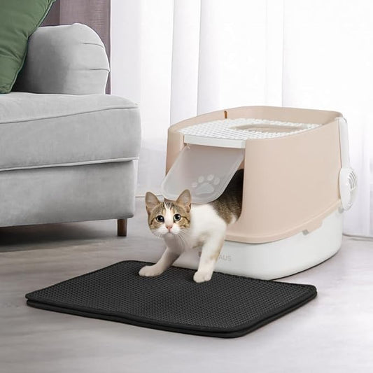 Fully Enclosed Cat Litter Box w/Lid, Scoop, Litter Mat & Odor Fitter, Large Plastic Cat Toilet with Double Door, Anti-Splashing Gato Litter Box with Lockable Front Door, Beige/Pink
