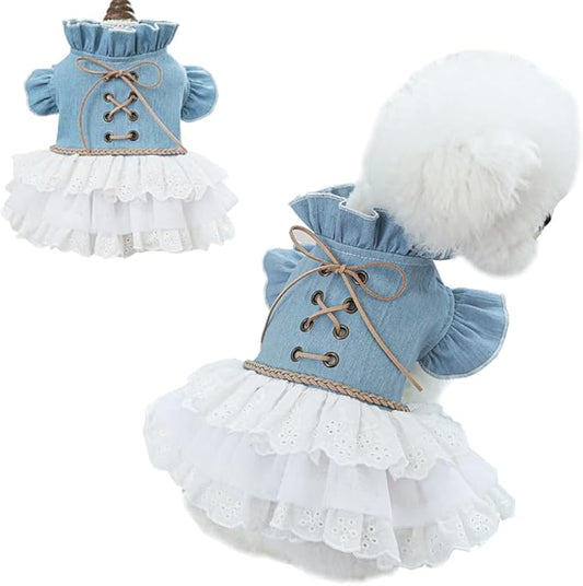 Girl Dog Denim Dress with Flared Sleeves Dog Jeans Jacket Blue White Puppy Clothes for Small Dogs Cat Apparel Cake Skirt Pet Outfit (Blue, X-Large)