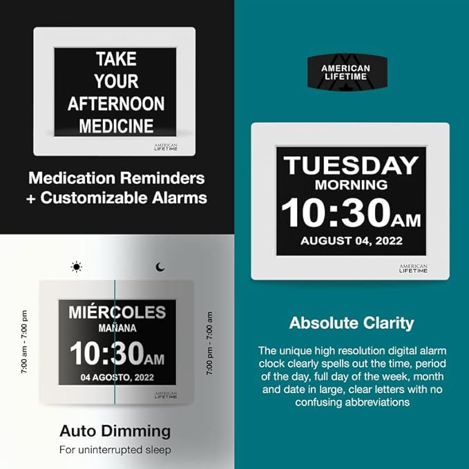 American Lifetime 【New 2025】 Dementia Digital Clock for Seniors, Large Display with Custom Alarms, Clock with Day & Date for Elderly, Large Number Digital Clock White