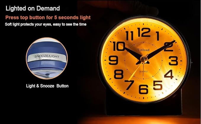 4.3" No Ticking Analog Alarm Clock,Silent Readable for Seniors,Easy to Set,Gradual Rise Alarm,Big Numbers,On/Off Switch on Side,Gentle Wake,Snooze,Lighted on Demand,Battery Operated,Blue