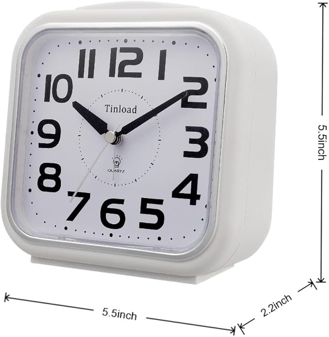5.5" Large Analog Alarm Clock Silent Non Ticking, Gentle Wake, Beep Sounds, Increasing Volume, Battery Operated Snooze and Manual Light, Easy Set,White (Best for Elder)