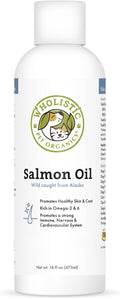 Wholistic Pet Organics Salmon Oil: Deep Sea Wild Alaskan Salmon Oil for Dogs and Cats - Natural Omega 3 Dog Fish Oil Supplement with EPA and DHA for Skin, Coat, Heart and Nervous System Health