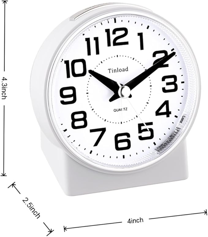 4.3" No Ticking Analog Alarm Clock,Silent Readable for Seniors,Easy to Set,Gradual Rise Alarm,Big Numbers,On/Off Switch on Side,Gentle Wake,Snooze,Lighted on Demand,Battery Operated,White