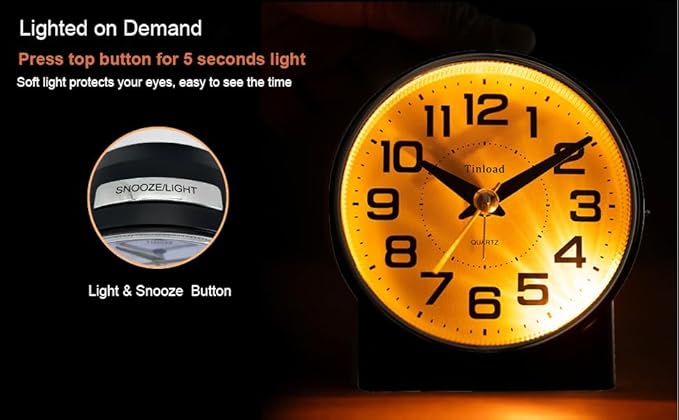 4.3" No Ticking Analog Alarm Clock,Silent Readable for Seniors,Easy to Set,Gradual Rise Alarm,Big Numbers,On/Off Switch on Side,Gentle Wake,Snooze,Lighted on Demand,Battery Operated,Black