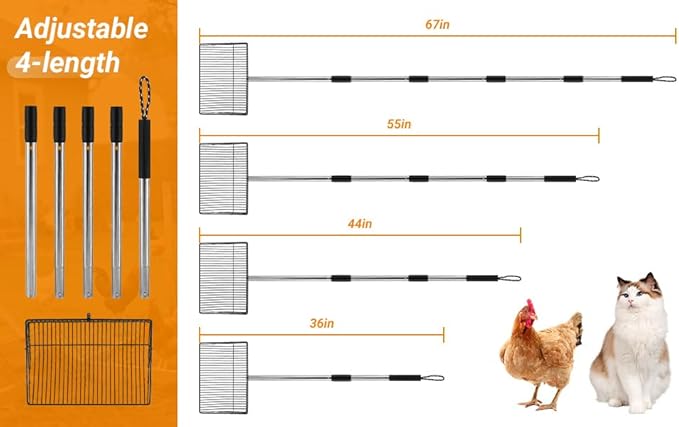 10inch Large Chicken Poop Scooper,36 to 67" Adjustable Long Chicken Coop Litter Metal Scoop with Stainless Steel Handle,5-in-1 Detachable Poop Shovel for Sand,Pet,Chicken,Cat Cleaning Tools.