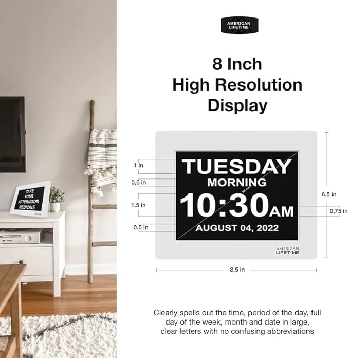 American Lifetime 【New 2025】 Dementia Digital Clock for Seniors, Large Display with Custom Alarms, Clock with Day & Date for Elderly, Large Number Digital Clock White