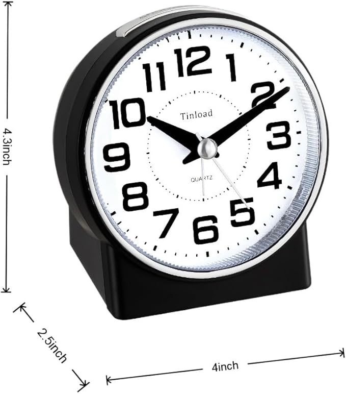 4.3" No Ticking Analog Alarm Clock,Silent Readable for Seniors,Easy to Set,Gradual Rise Alarm,Big Numbers,On/Off Switch on Side,Gentle Wake,Snooze,Lighted on Demand,Battery Operated,Black
