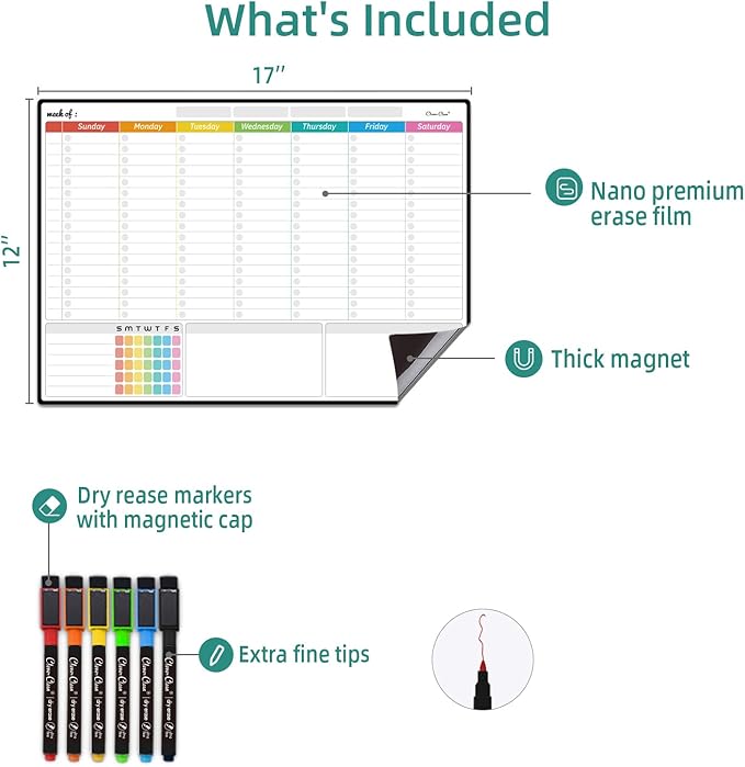 Magnetic Dry Erase Weekly Calendar for Fridge - Large 17"x12" Magnetic Weekly Planning Board with Hourly Time Slots - 6 Extra Fine Point Markers Included