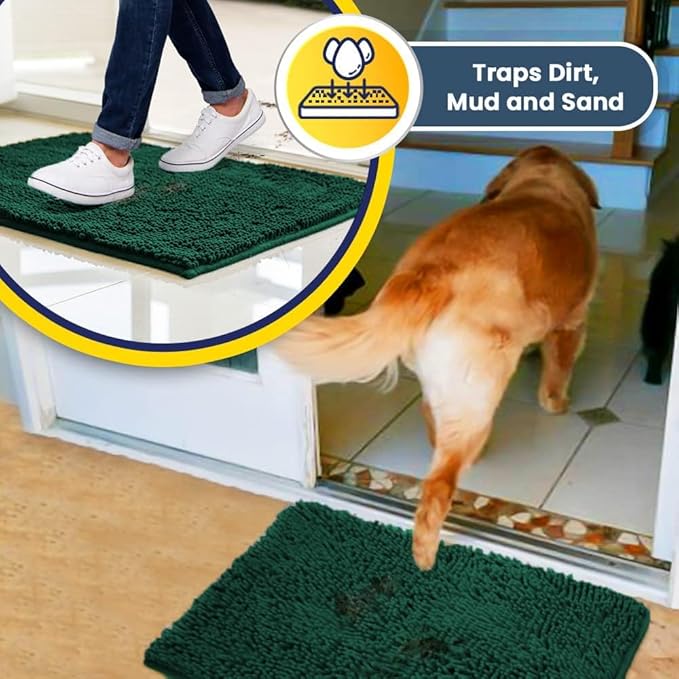 Muddy Mat® AS-SEEN-ON-TV Highly Absorbent Microfiber Dog Door Mat and Pet Rug, Non Slip Thick Washable Area and Bath Mat Soft Chenille for Kitchen Bathroom Bedroom and Indoor - Dark Green XXXL 72"X48"