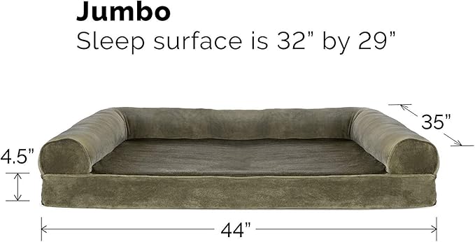 Furhaven Orthopedic Dog Bed for Large Dogs w/ Removable Bolsters & Washable Cover, For Dogs Up to 95 lbs - Faux Fur & Velvet Sofa - Dark Sage, Jumbo/XL
