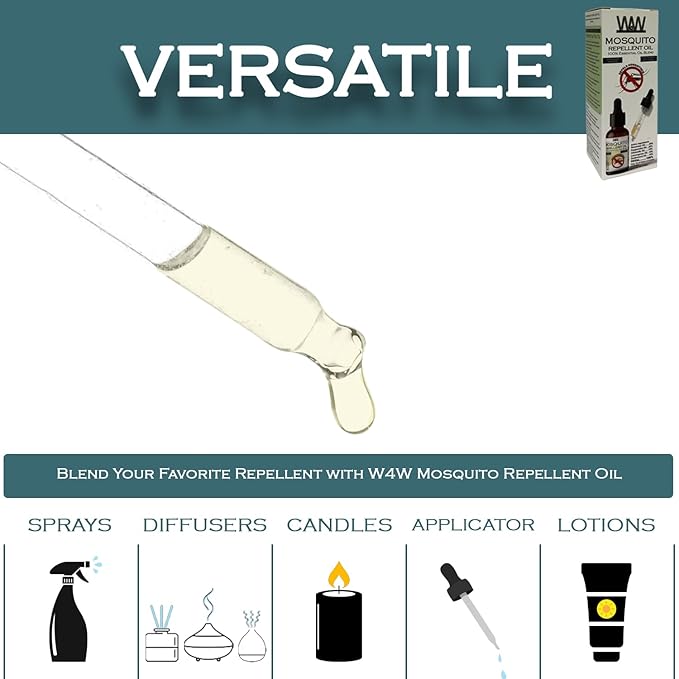 W4W Mosquito Oil - 100% Essential Oil Blend - 4 Oz - Mosquitoes, Gnats & other Flying Insects - for use with Diffusers, Sprays, Lotions, & Soaps - 4 Ounce Dropper Bottle