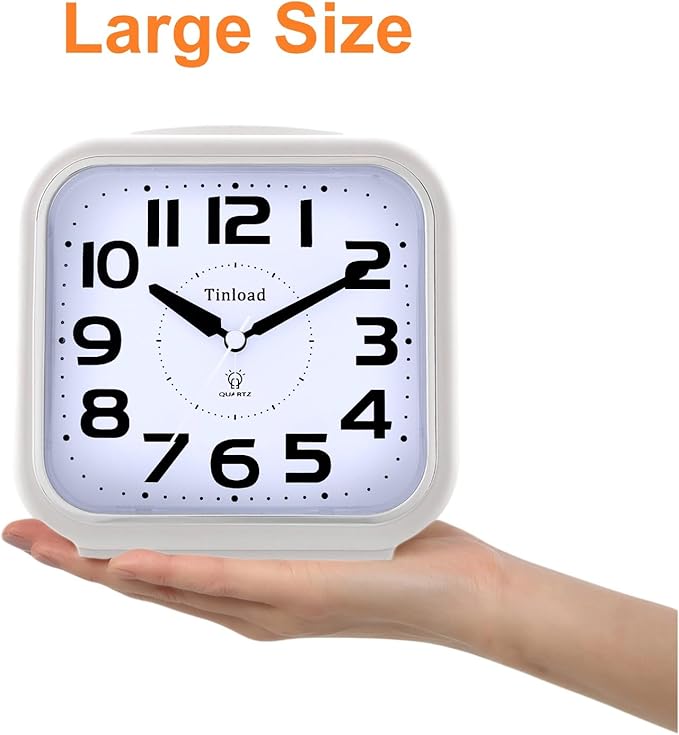 5.5" Large Analog Alarm Clock Silent Non Ticking, Gentle Wake, Beep Sounds, Increasing Volume, Battery Operated Snooze and Manual Light, Easy Set,White (Best for Elder)