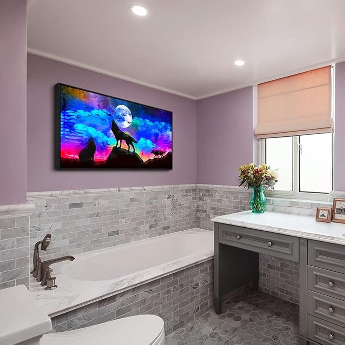 Framed Canvas Wolf Landscape Painting Canvas Wall Art For Living Room Bathroom Wall Decor For Bedroom Kitchen Artwork Canvas Art Prints Modern Office Home Decorations Blue Starry Sky Hang Pictures