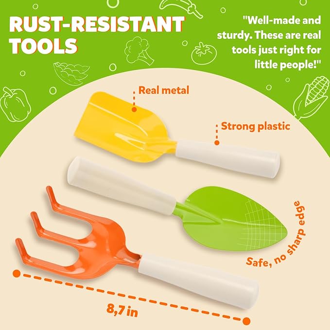 Matching Board Book - Green Kids Gardening Tools Set Includes Sturdy Tote Bag, Watering Can, Shovel, Rake, and Trowel - Garden Storybook - Kids Garden Tools- Easter Gifts for Toddler Age on up.