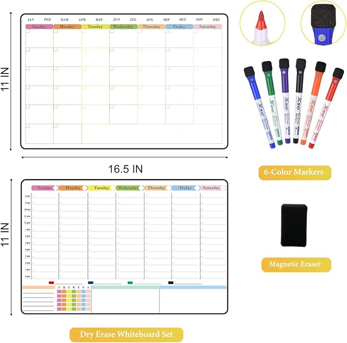POPRUN Dry Erase Calendar weekly and monthly self adhesive stick on non-magnetic stainless fridge & Glass & Wall & wooden (any smooth surface) Schedule Board with Time Slots for Office and Family
